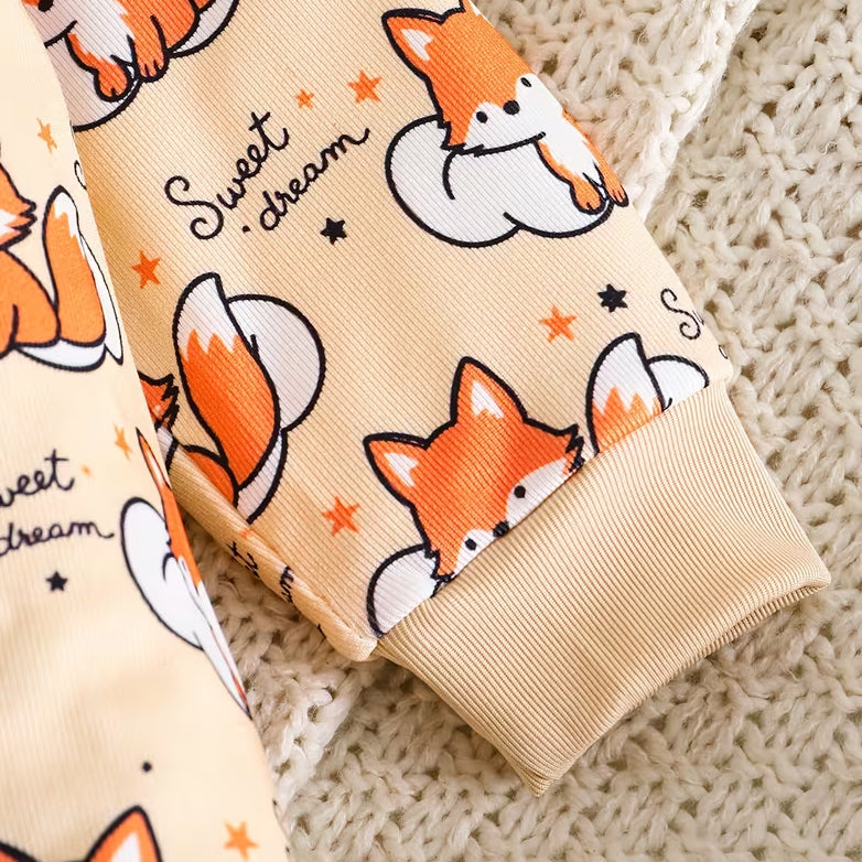2PCS Cute Sweet Dream Letter Fox Print Long Sleeve Baby Jumpsuit