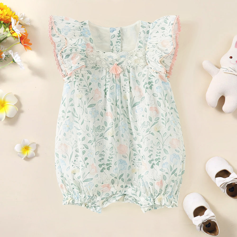 Fresh Allover Floral Printed Lace Decoration Sleeveless Baby Romper