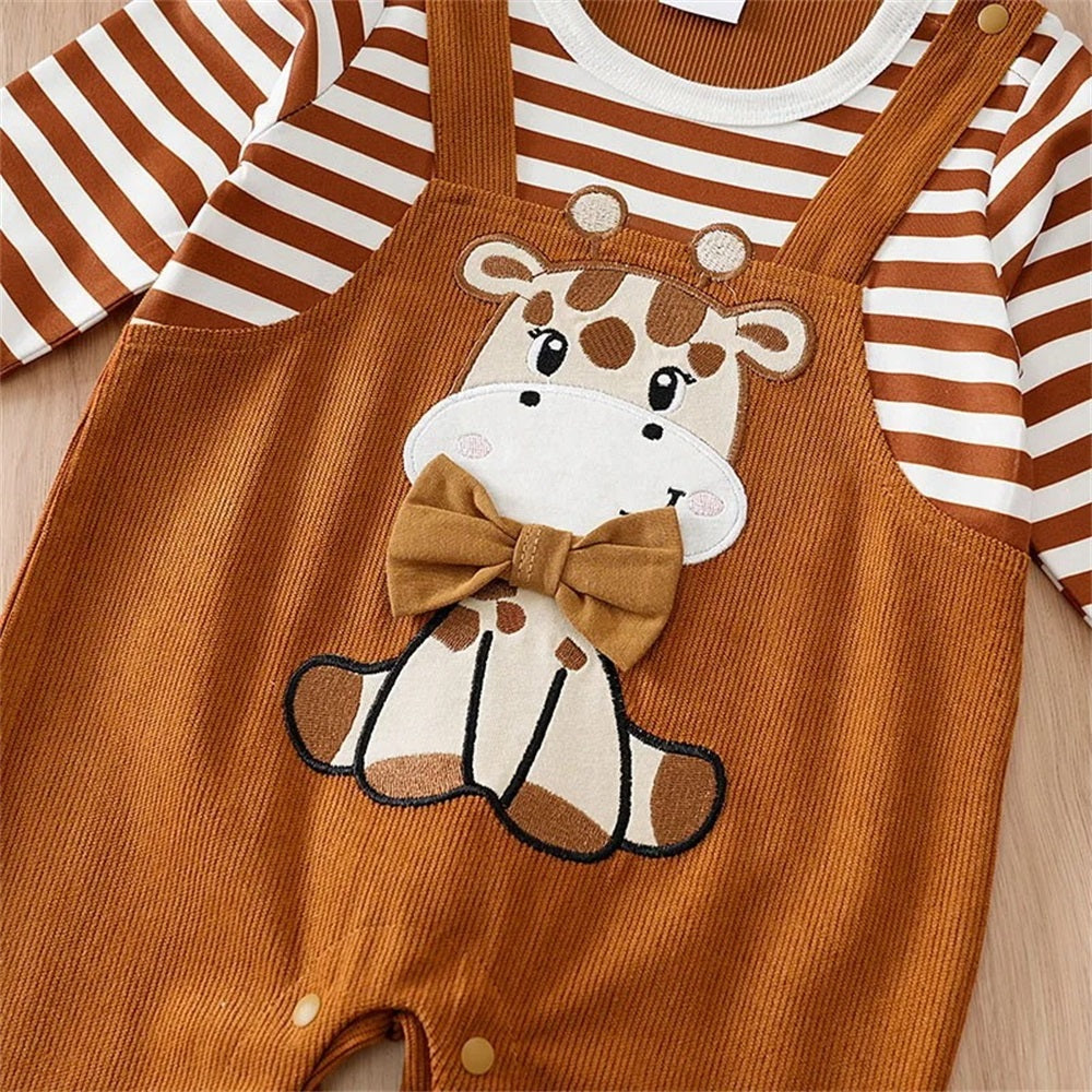 Cute Deer Print Striped Long Sleeve Baby Jumpsuit