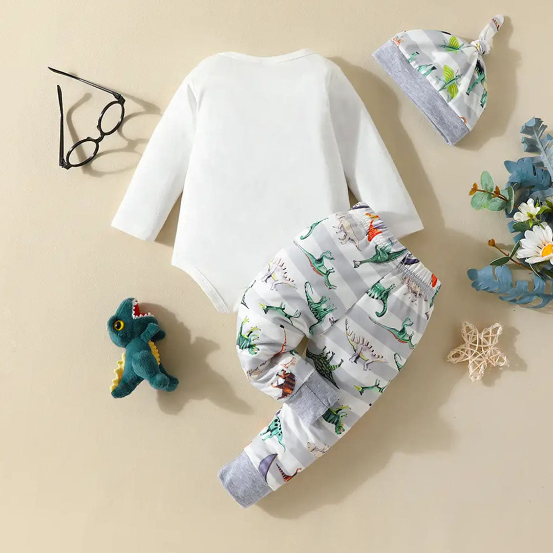 3PCS Hi I'm New Here Letter Dinosaur Printed Baby Set