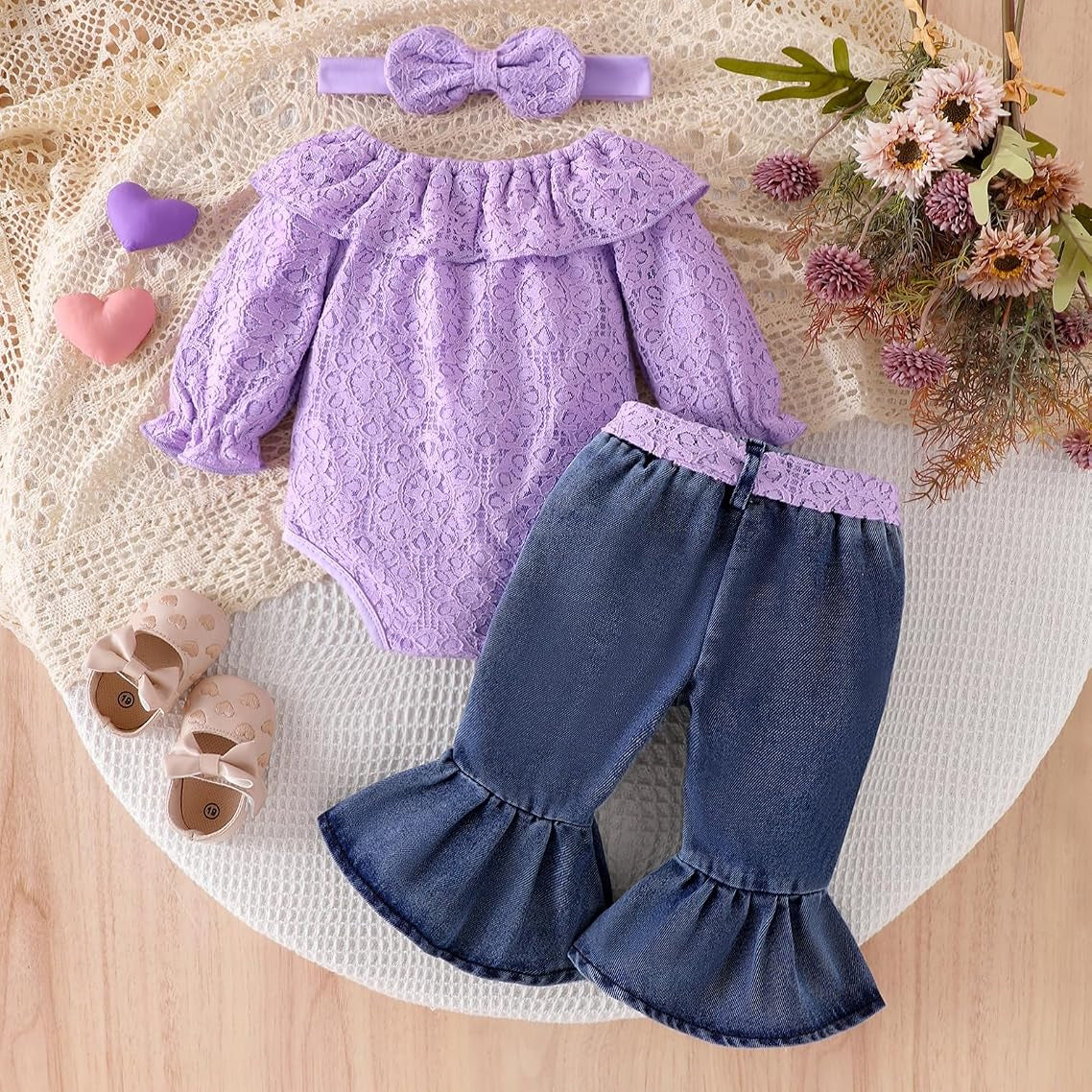 3PCS Chic Lace Top and Distressed Denim Bell-Bottom Baby Girl Set