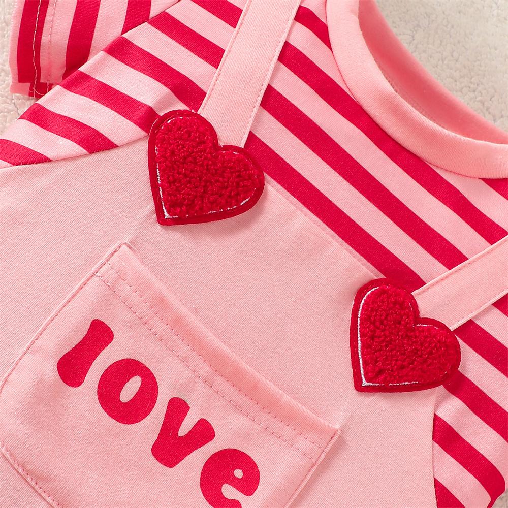 2PCS Cute Faux Layering Heart Appliqué Stripe Print Baby Jumpsuit