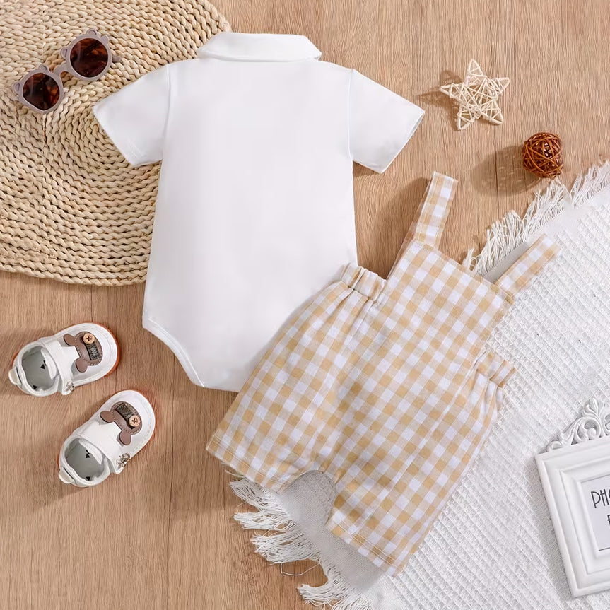 2PCS Casual Bear Plaid Print Overalls Baby Set