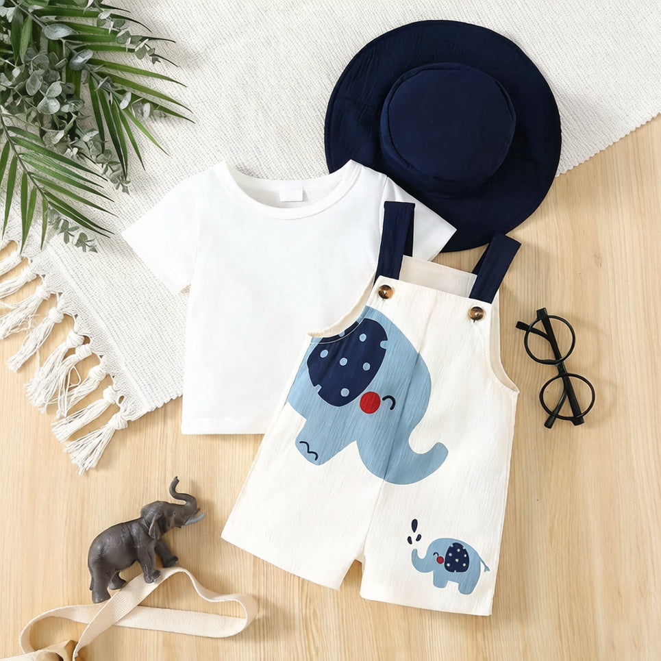 3PCS Cute Elephant Print Short Sleeve Baby Boy Set
