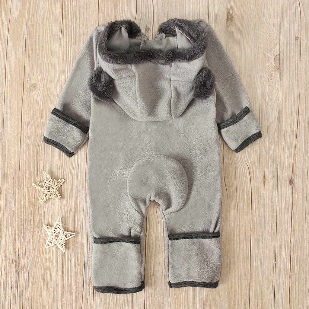 Newborn Baby Boy Girl Solid Color Cartoon 3D Bear Ear Long Sleeve Velvet Hoodie Jumpsuit