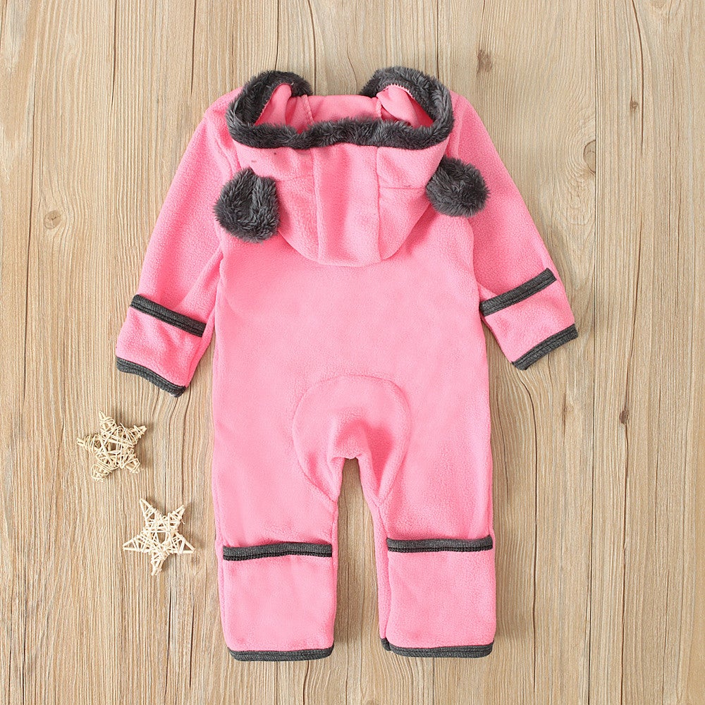 Newborn Baby Boy Girl Solid Color Cartoon 3D Bear Ear Long Sleeve Velvet Hoodie Jumpsuit