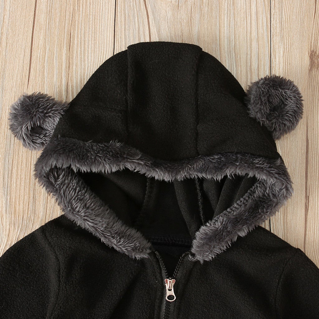 Newborn Baby Boy Girl Solid Color Cartoon 3D Bear Ear Long Sleeve Velvet Hoodie Jumpsuit