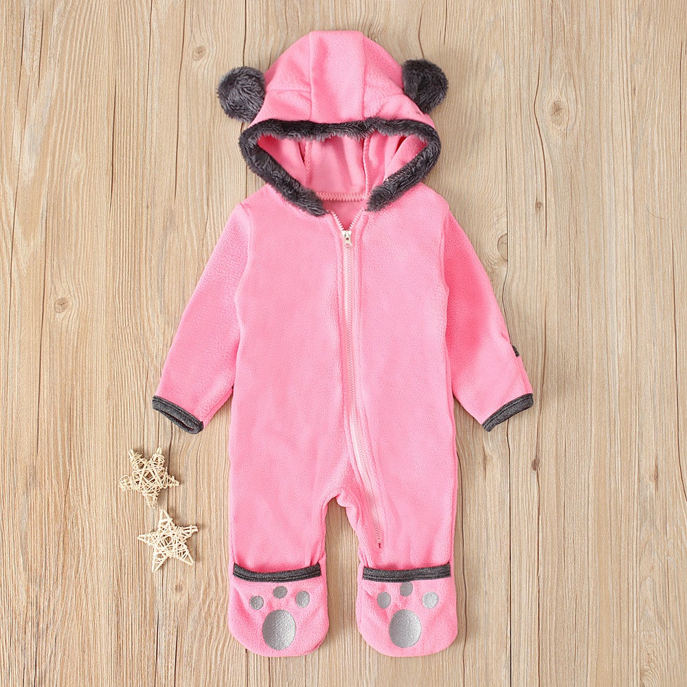 Newborn Baby Boy Girl Solid Color Cartoon 3D Bear Ear Long Sleeve Velvet Hoodie Jumpsuit