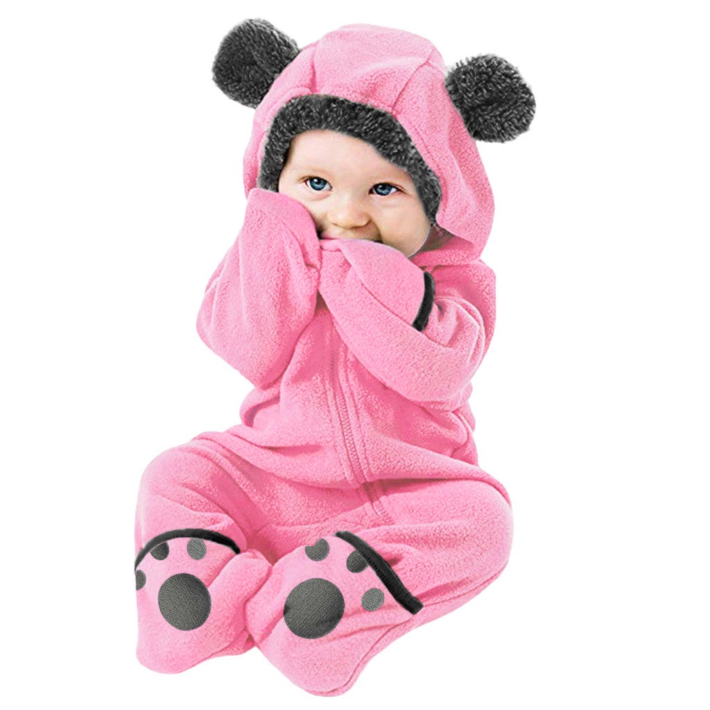 Newborn Baby Boy Girl Solid Color Cartoon 3D Bear Ear Long Sleeve Velvet Hoodie Jumpsuit