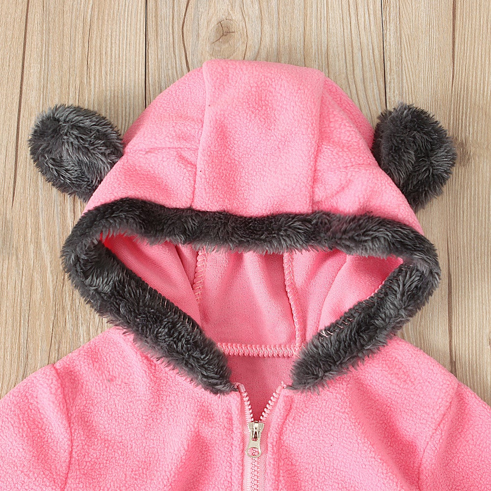 Newborn Baby Boy Girl Solid Color Cartoon 3D Bear Ear Long Sleeve Velvet Hoodie Jumpsuit