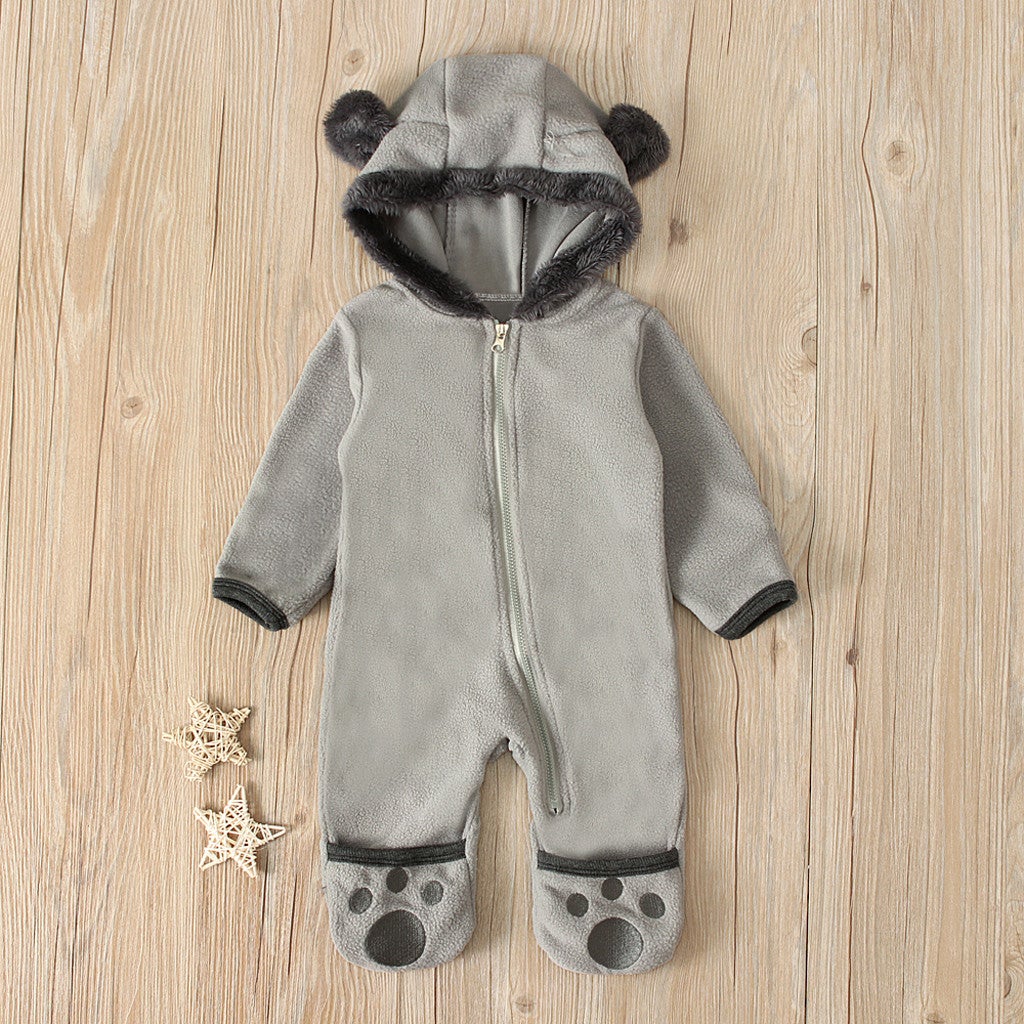 Newborn Baby Boy Girl Solid Color Cartoon 3D Bear Ear Long Sleeve Velvet Hoodie Jumpsuit