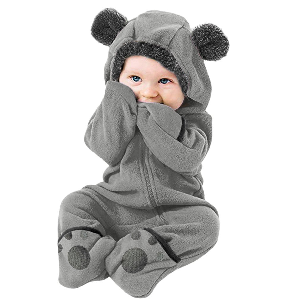 Newborn Baby Boy Girl Solid Color Cartoon 3D Bear Ear Long Sleeve Velvet Hoodie Jumpsuit