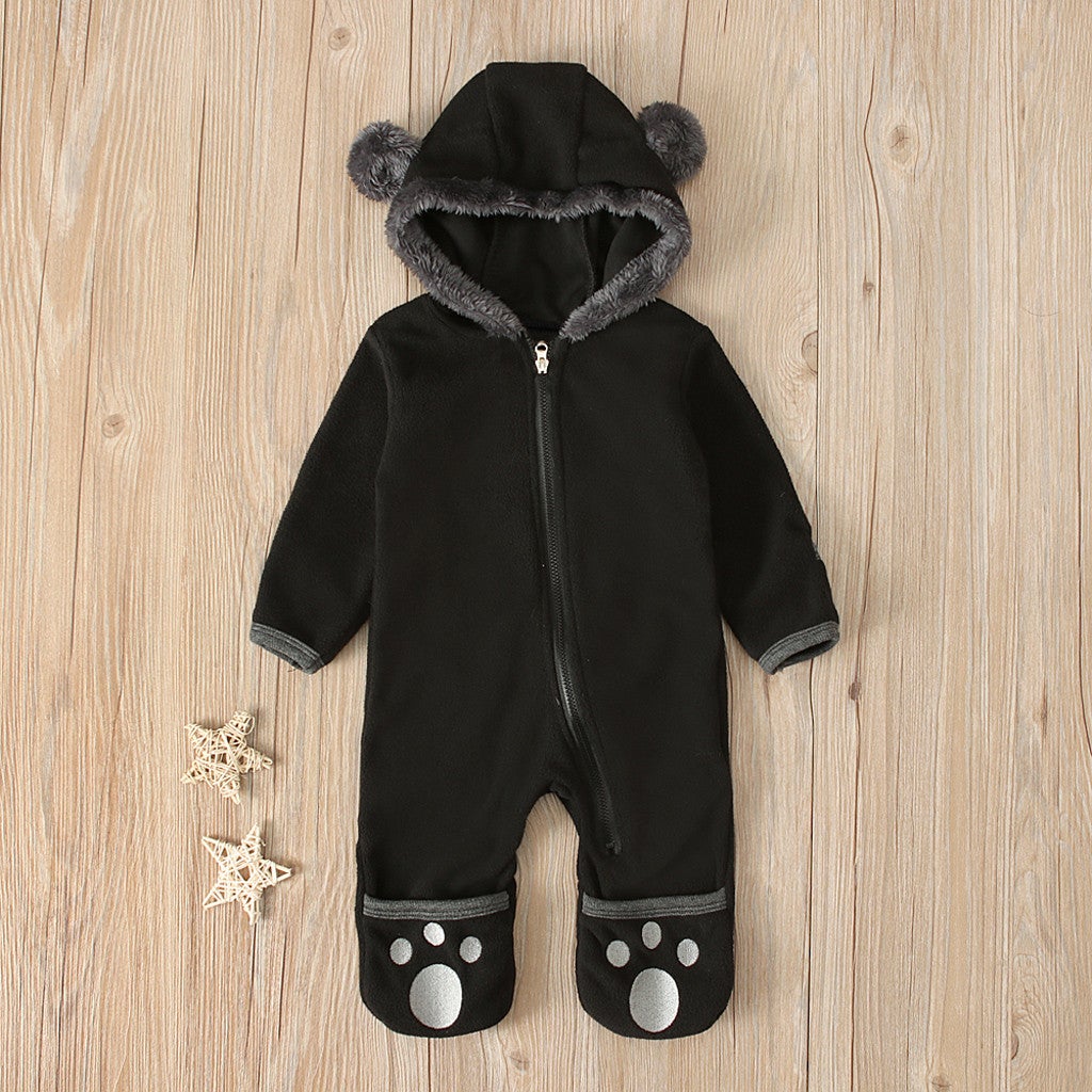 Newborn Baby Boy Girl Solid Color Cartoon 3D Bear Ear Long Sleeve Velvet Hoodie Jumpsuit