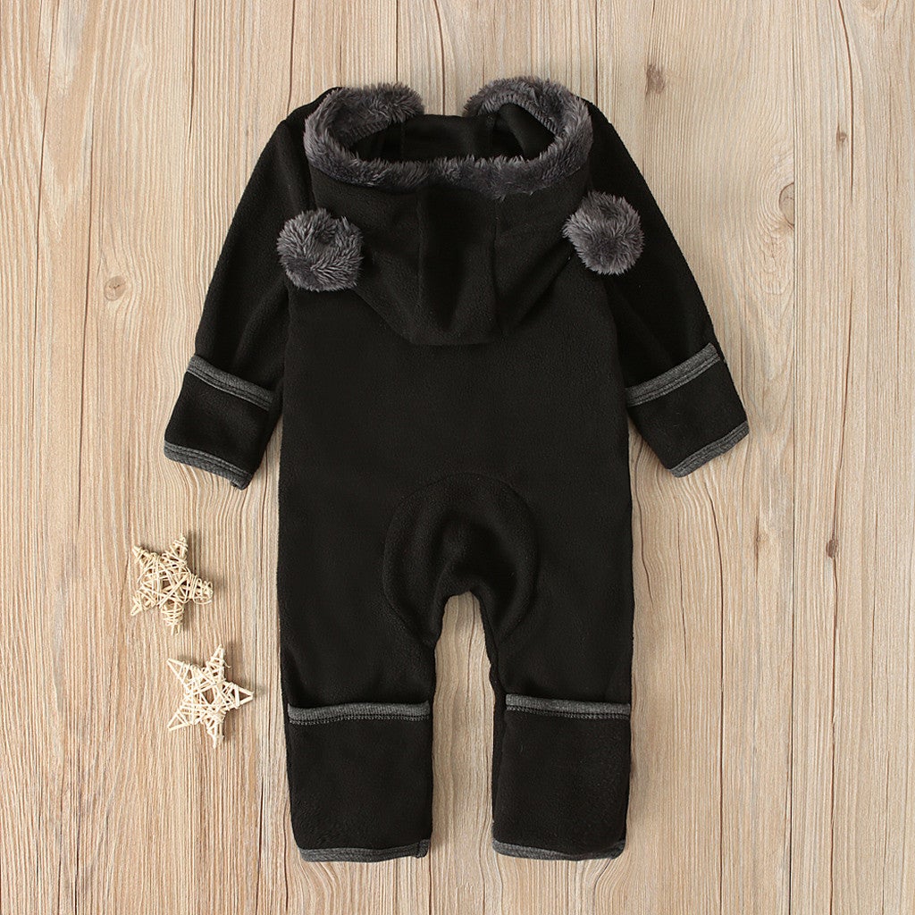 Newborn Baby Boy Girl Solid Color Cartoon 3D Bear Ear Long Sleeve Velvet Hoodie Jumpsuit