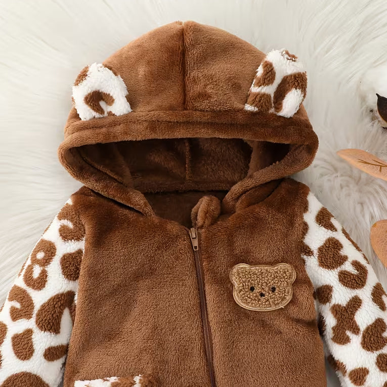 Fuzzy Bear Applique Leopard Print Zipper Baby Hoodie Jumpsuit