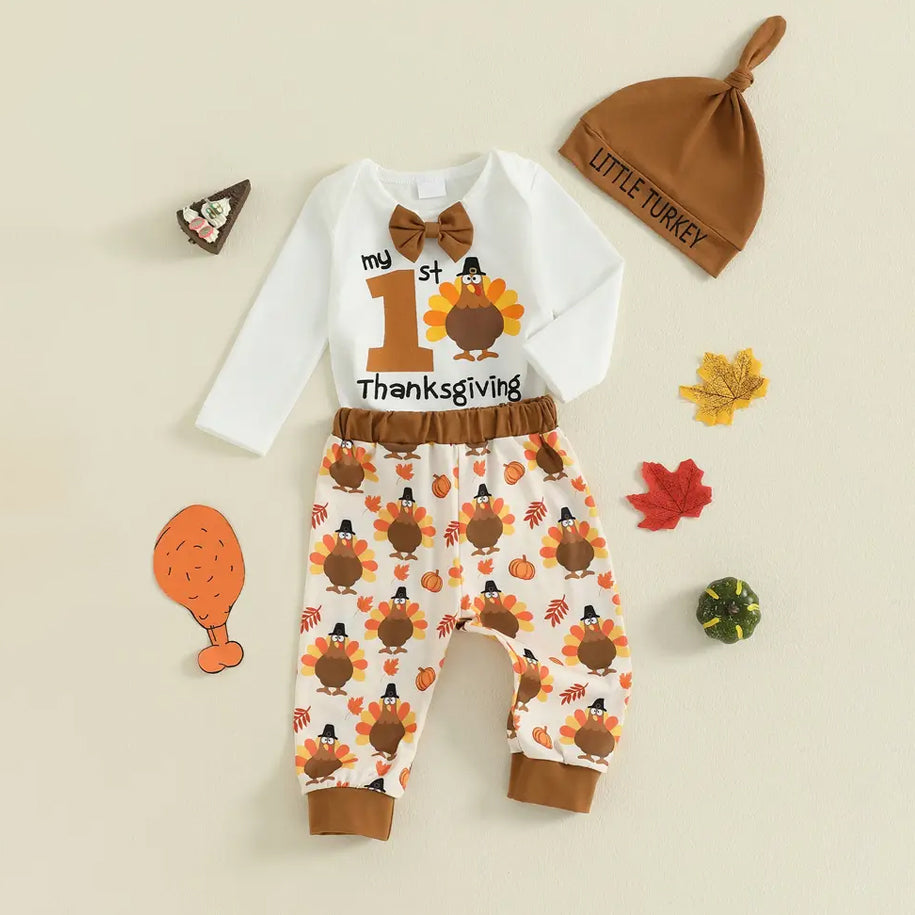 3PCS Cute My 1st Thanksgiving Letter Turkey Printed Baby Set