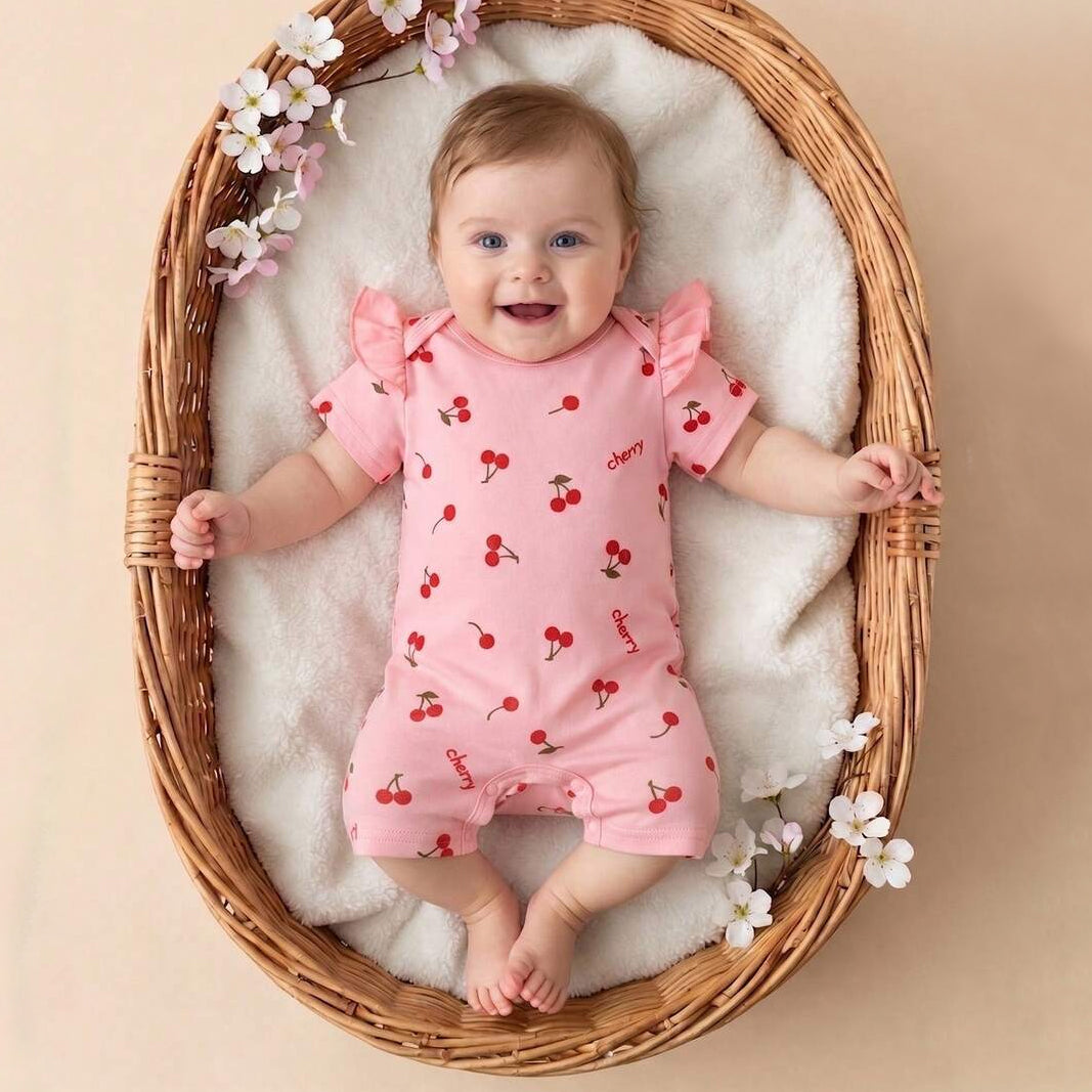 Elegant Cherry Print Short Sleeve Baby Jumpsuit