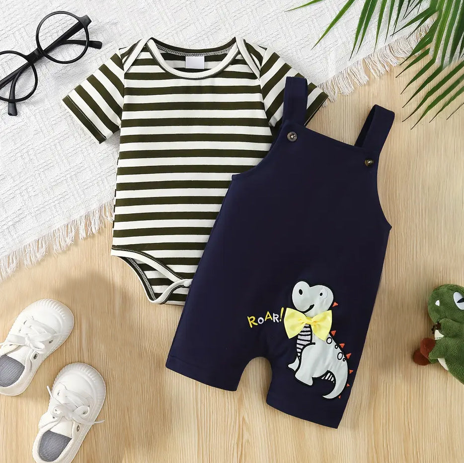 2PCS Cute Stripe and Dinosaur Printed Short Sleeve Baby Set