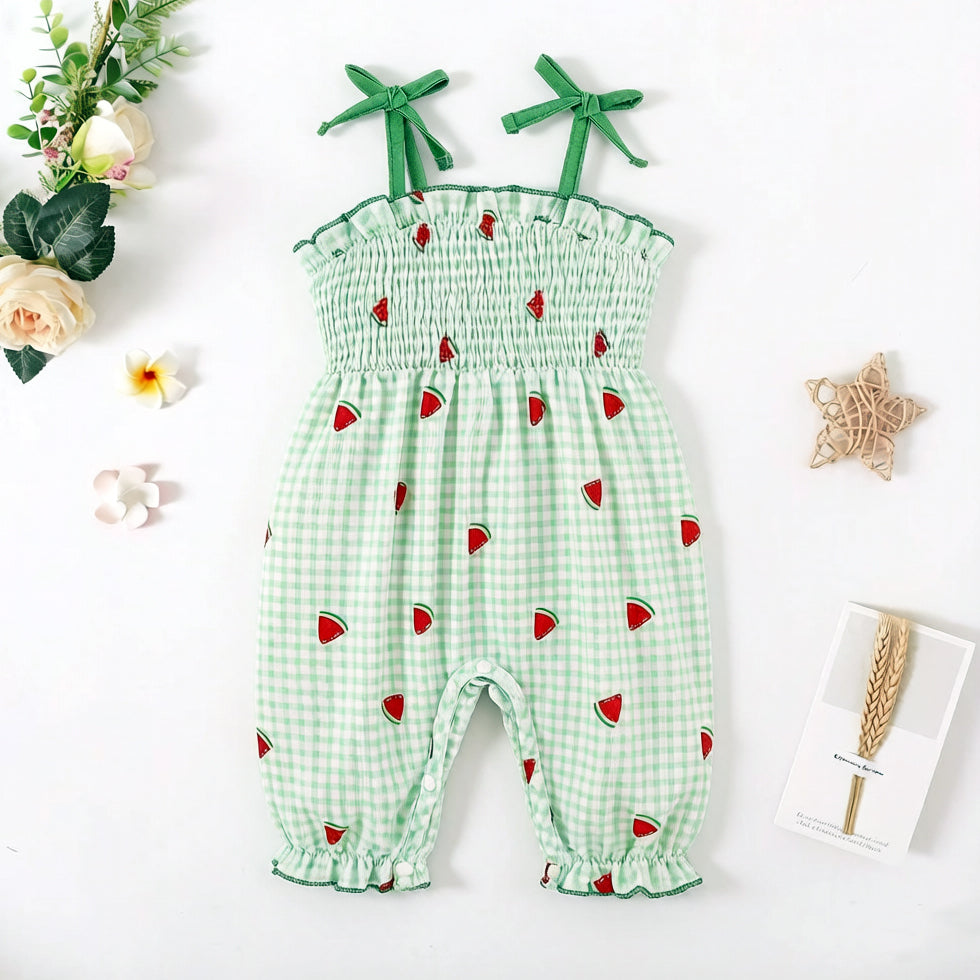 Lovely Watermelon Plaid Print Sleeveless Baby Jumpsuit
