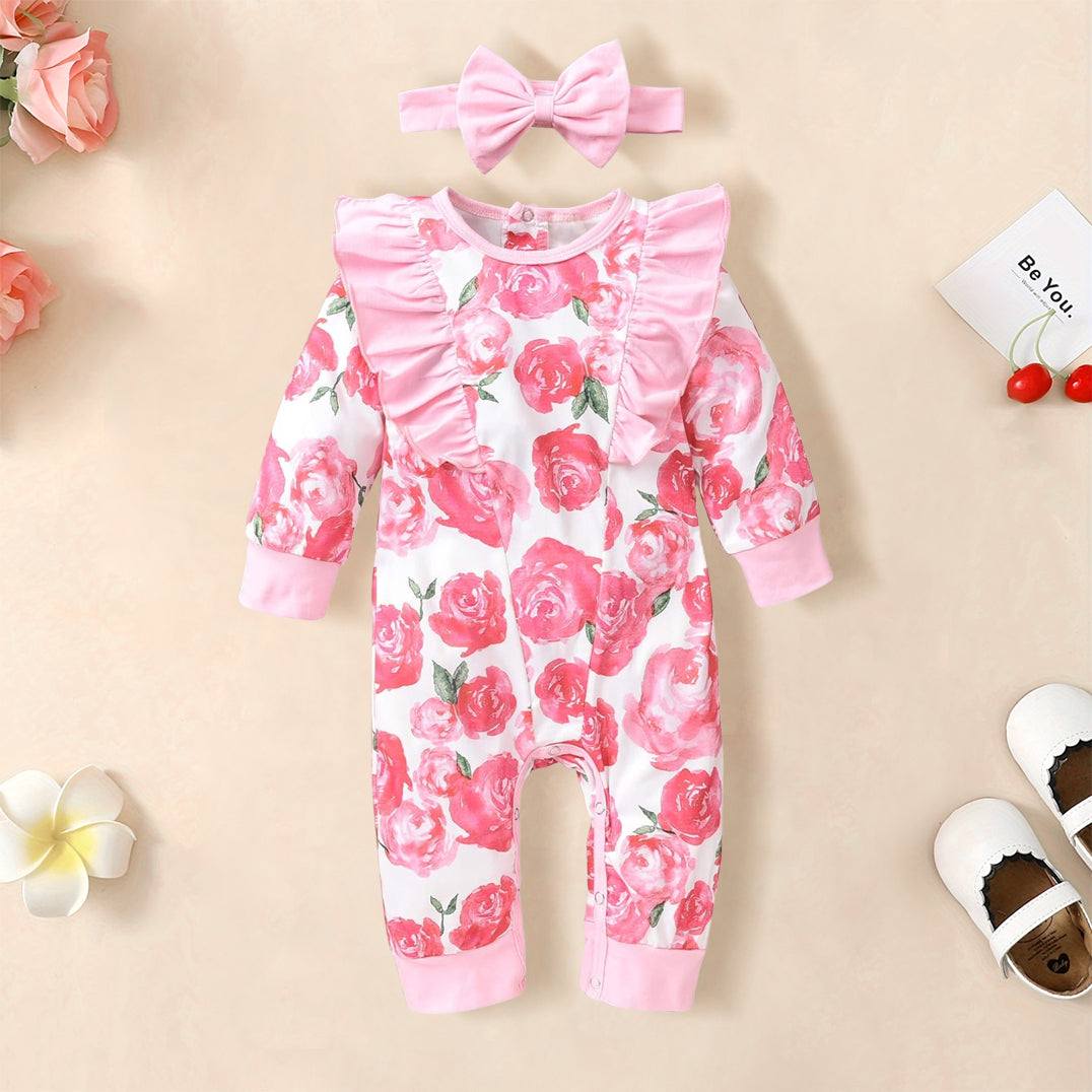 2PCS Allover Elegant Floral Printed Ruffle Baby Jumpsuit