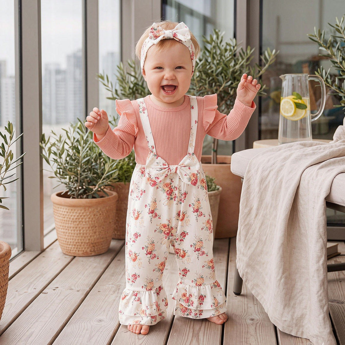 2PCS Sweet Color Block Floral Printed Long Sleeve Baby Jumpsuit
