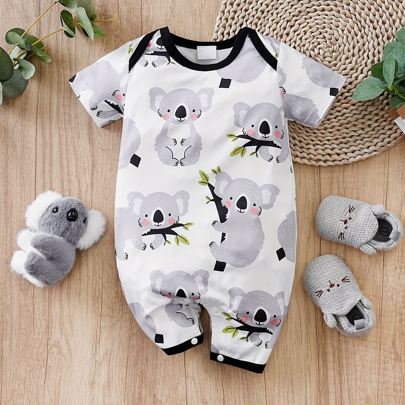 Comfy  Cartoon Koala Printed Short Sleeve Baby Jumpsuit