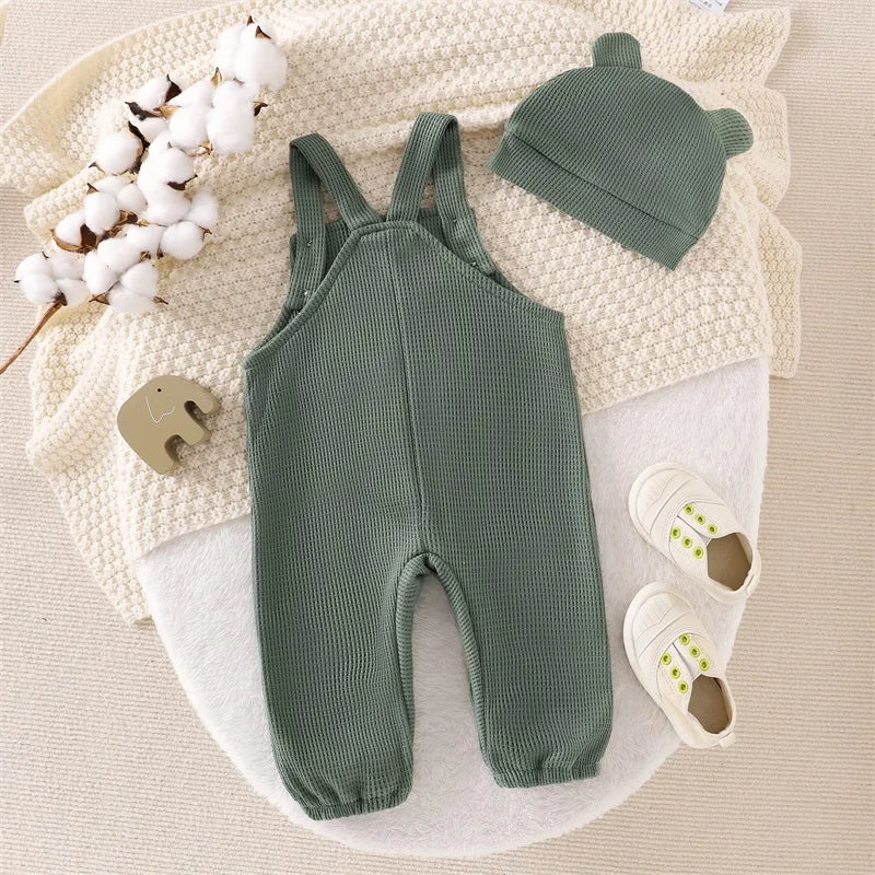 2PCS Cute Elephant Printed Waffle Overalls Baby Jumpsuit