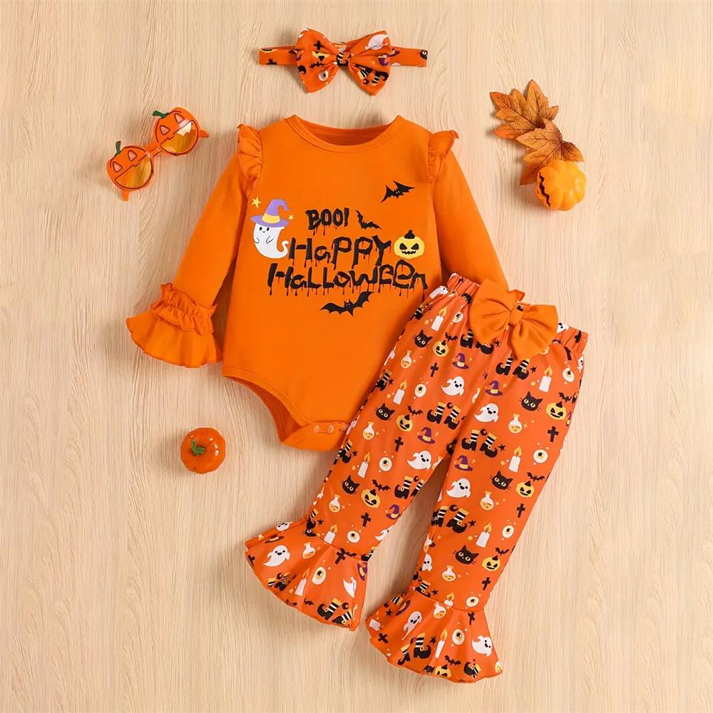3PCS Boo! Happy Halloween Letter Print Long Sleeve Baby Set
