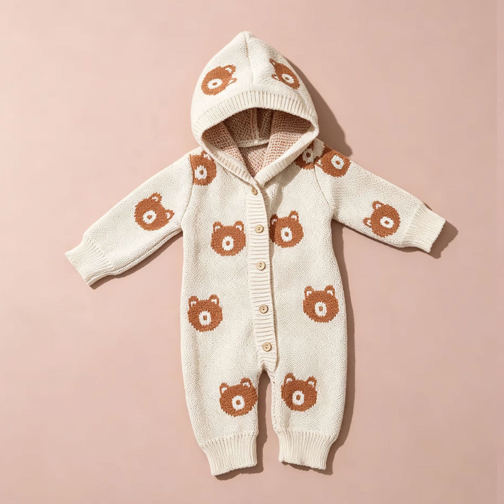 Cozy Bear Printed Hoodie Long Sleeve Knit Baby Jumpsuit