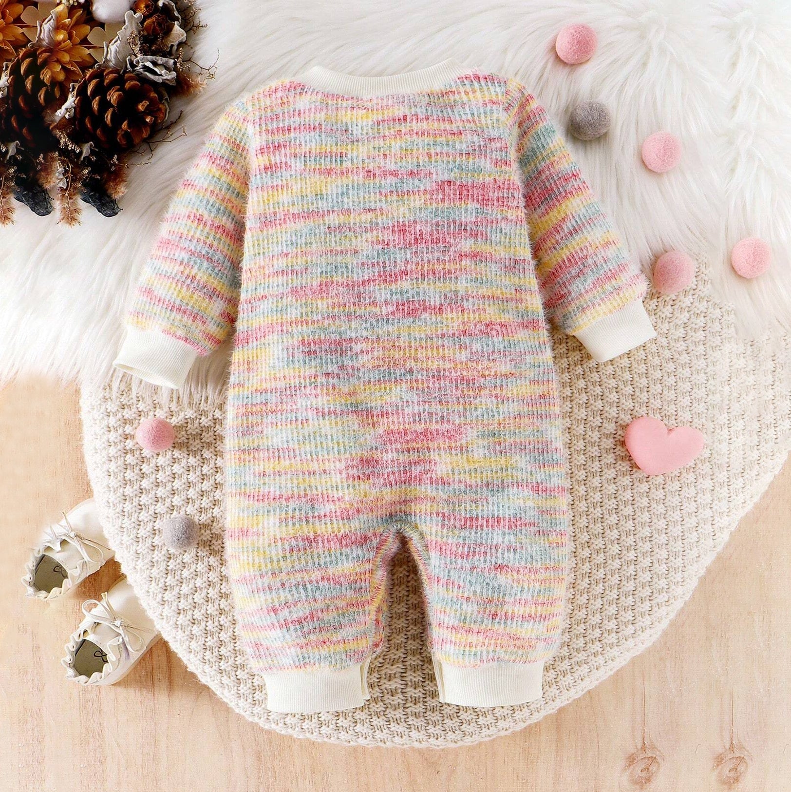 Colorful Thick Fleece Heart Embroidery Long Sleeve Baby Jumpsuit