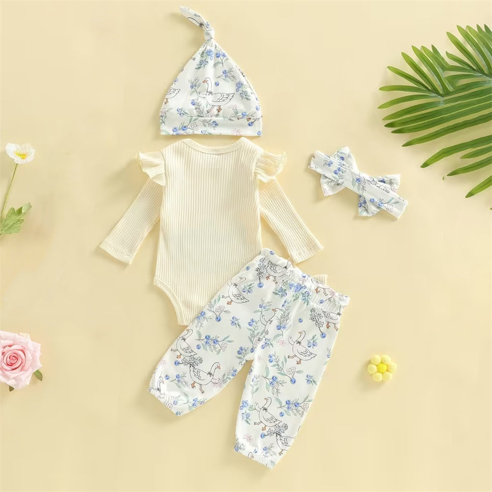 4PCS The Princess Has Arrived Letter Floral Print Long Sleeve Baby Set