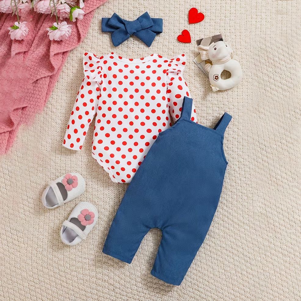 3PCS Lovely Elephant Polka Dots Printed Baby Girl Set