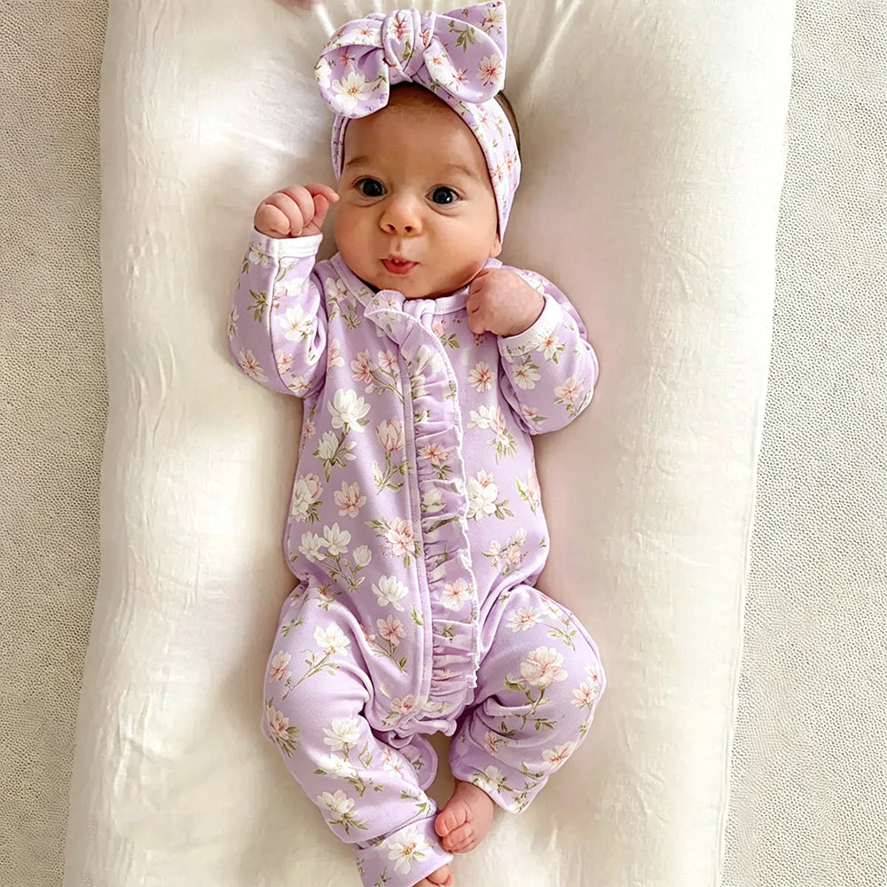 2PCS Lively Allover Floral Print Long Sleeve Baby Zipper Jumpsuit