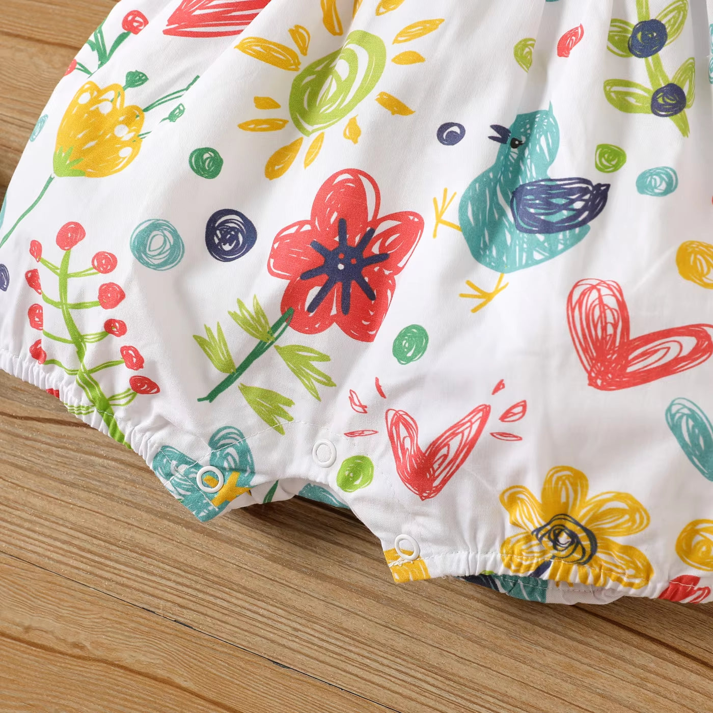 Colorful Hand-Painted Style Floral & Bird Printed Baby Jumpsuit