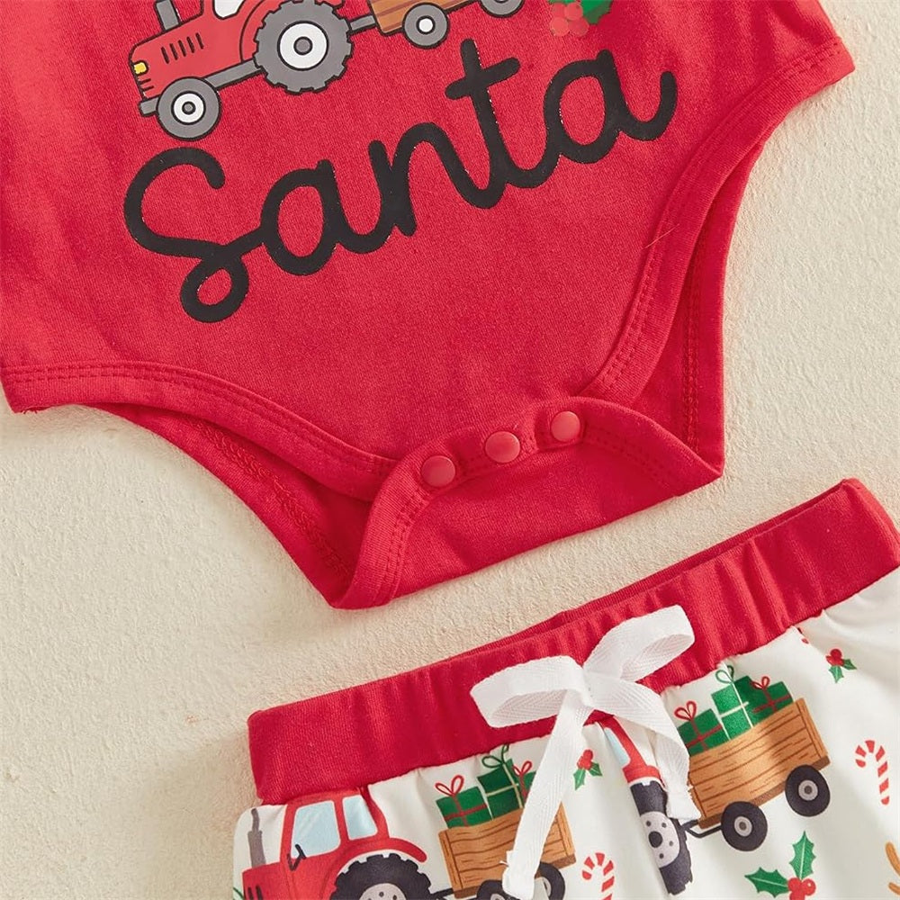 3PCS My First Visit From Santa Letter Tractor Printed Applique Baby Set