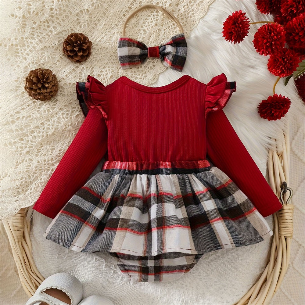 2PCS Casual Plaid Print Bow Decoration Long Sleeve Baby Romper