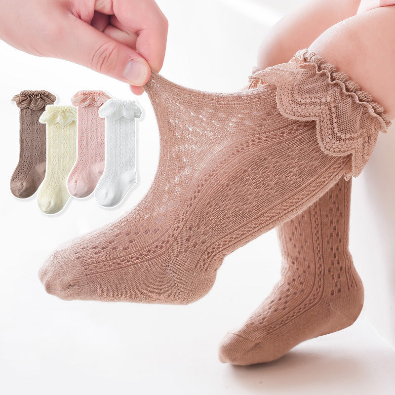 Breathable Mesh Lace Ruffle Decor Long Baby Socks