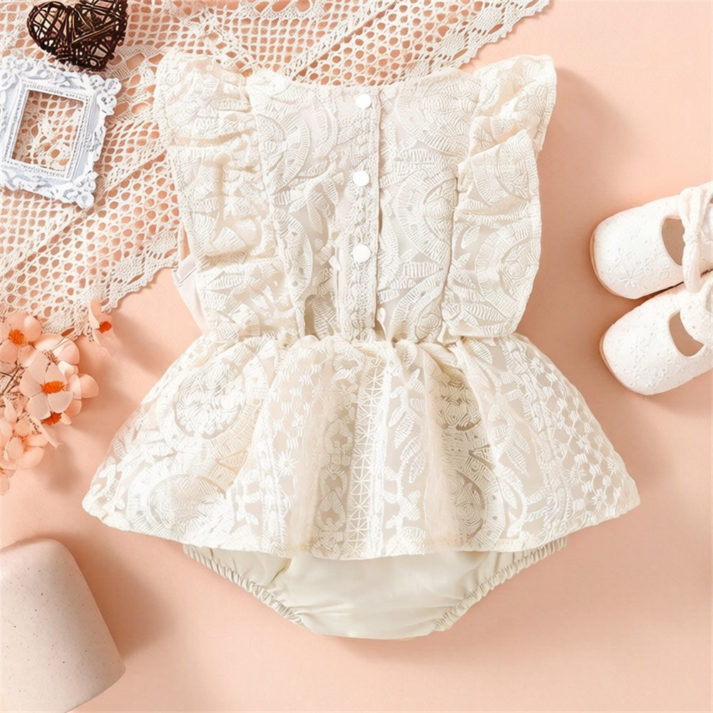 Floral Embroidery Ruffle Trim Sleeveless Schiffy Baby Romper