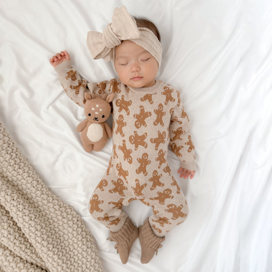 Cozy Gingerbread Printed Knit Long sleeve Baby Jumpsuit