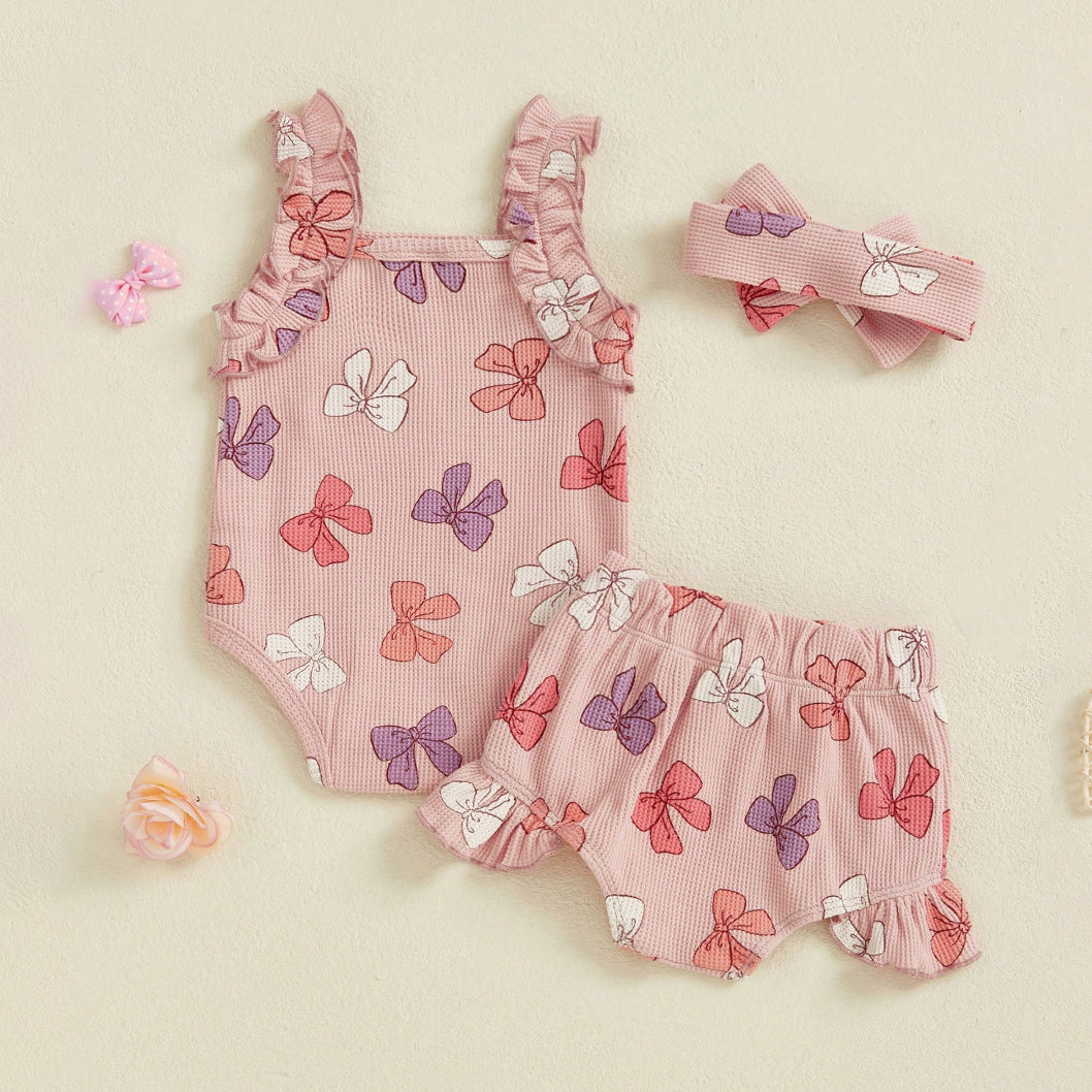 3PCS Sweet Bow Printed Ruffled Sleeveless Baby Set