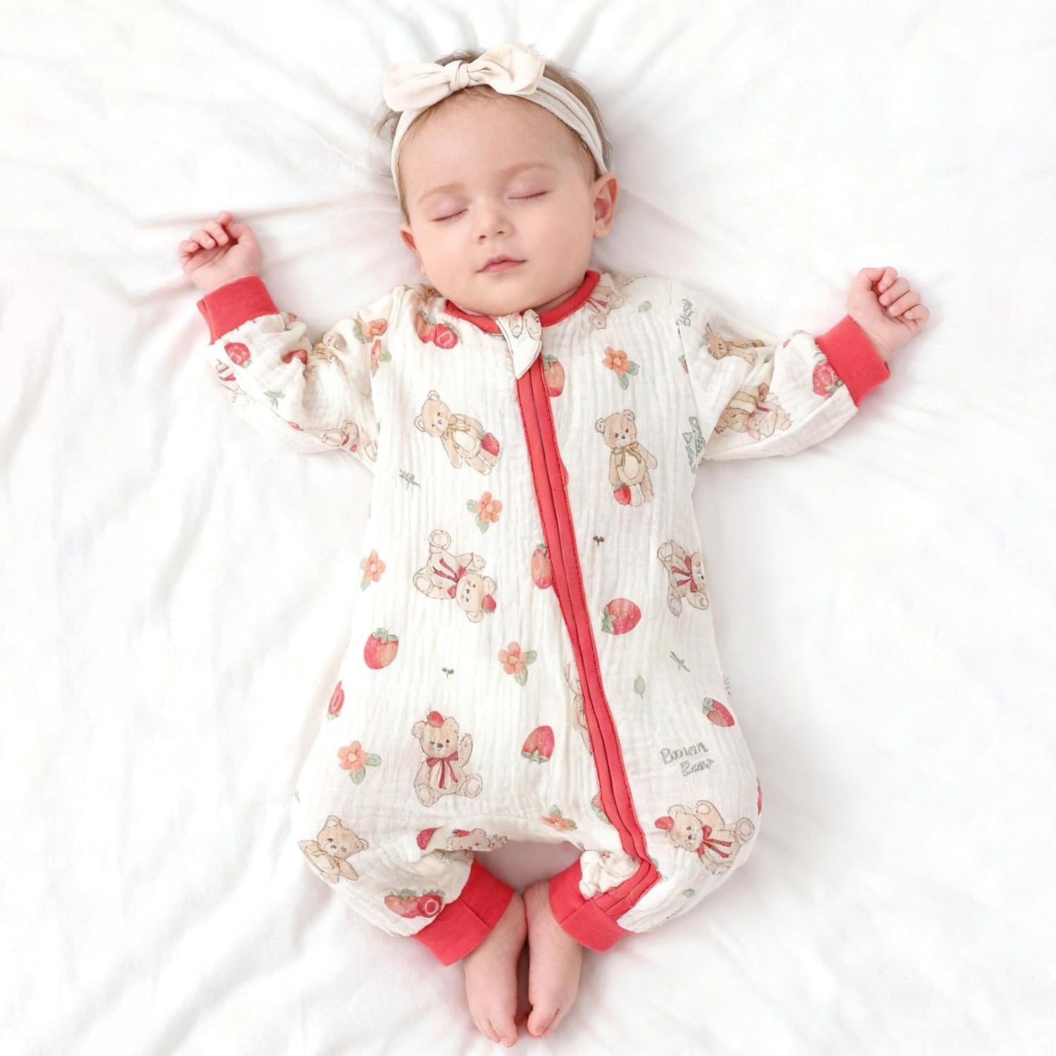 Bear Strawberry Printed Zipper Long Sleeve Baby Jumpsuit