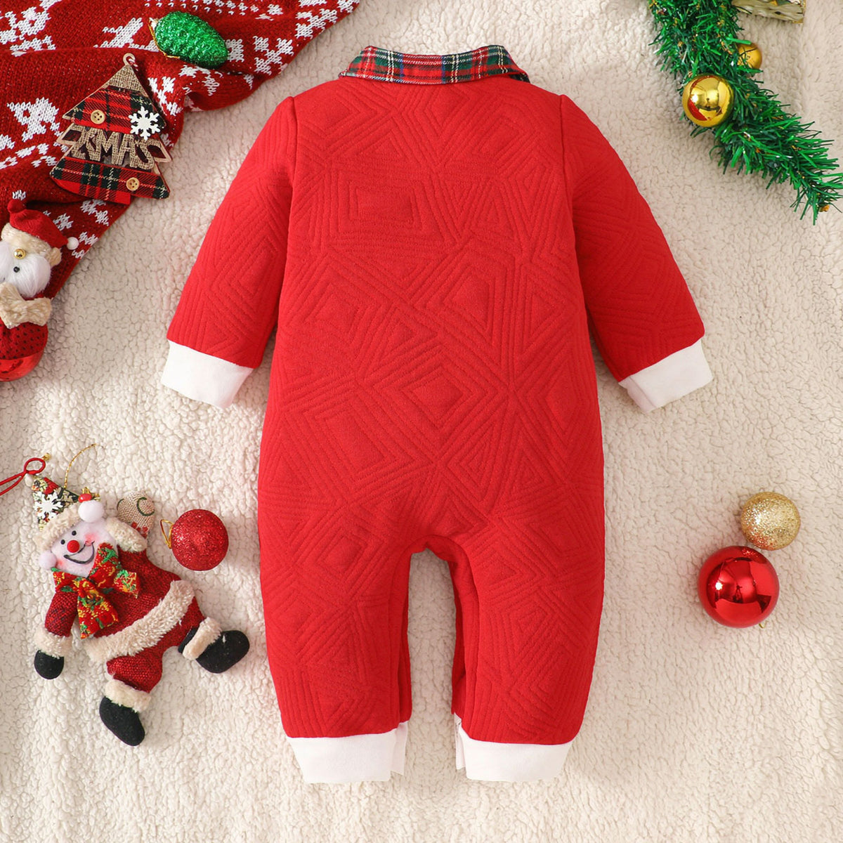 Timeless Merry Christmas Letter Plaid Printed Baby Jumpsuit