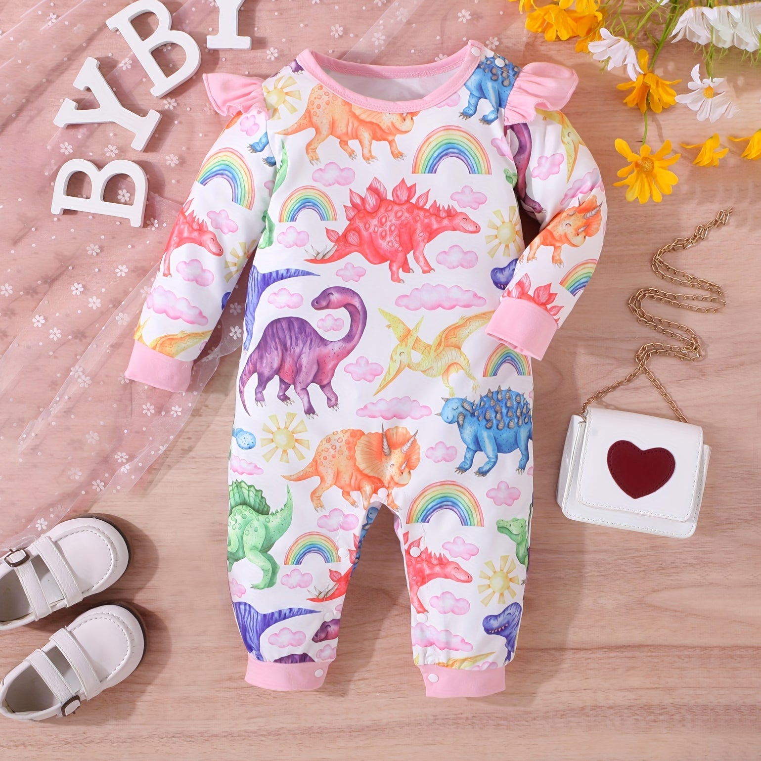 Pretty Colorful Dinosaur Printed Long Sleeve Baby Jumpsuit
