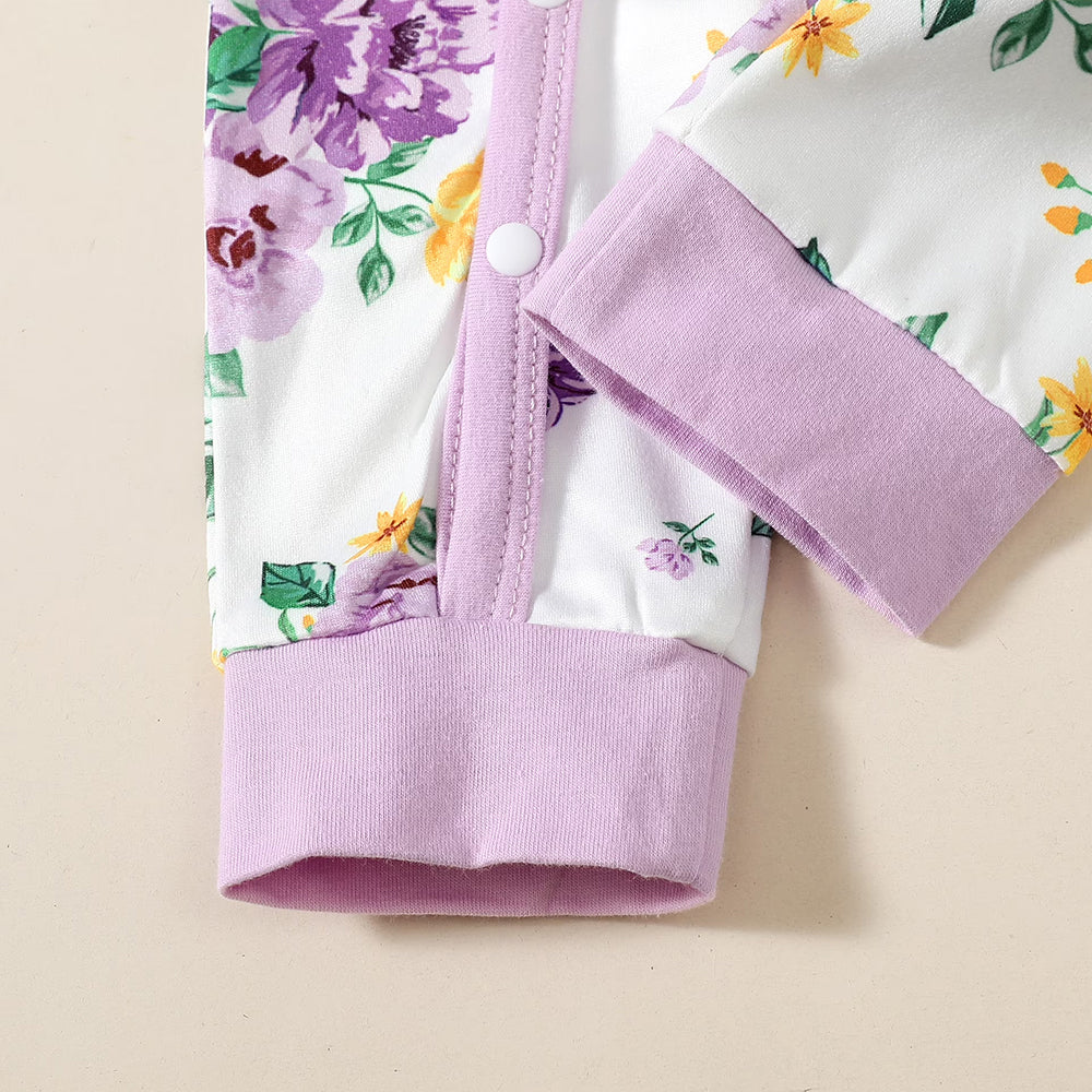 3PCS Charming Floral Print Bow Long Sleeve Baby Jumpsuit