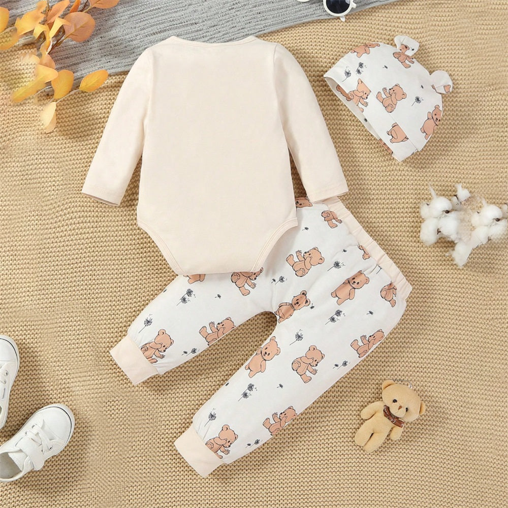 3PCS We're All Shining Letter Bear Print Long Sleeve Baby Set