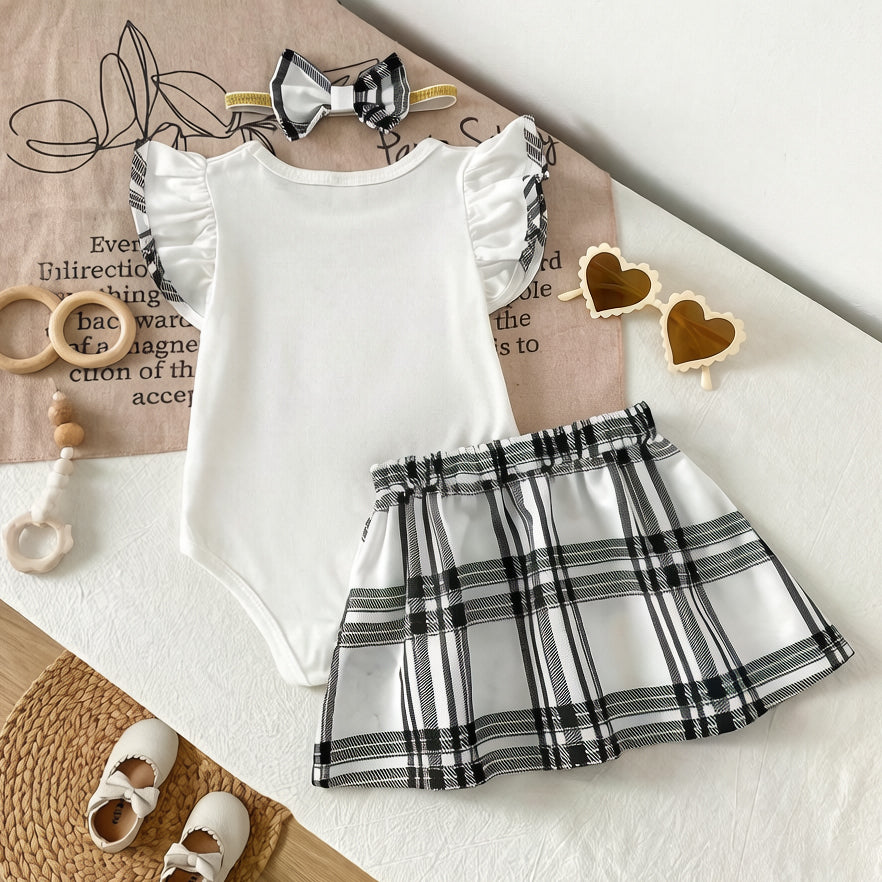 3PCS Adorable Heart Plaid Printed Short Sleeve Baby Set