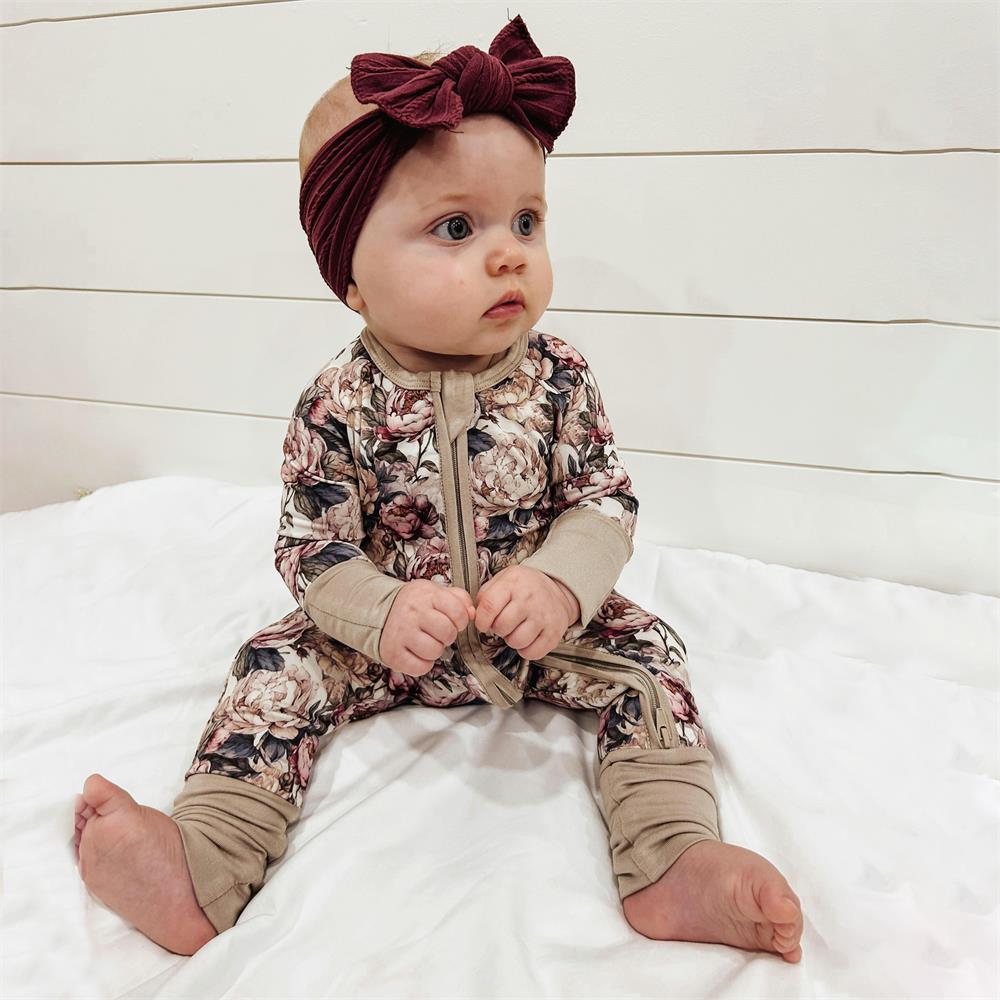 Stylish Floral Print Long Sleeve Zipper Baby Jumpsuit