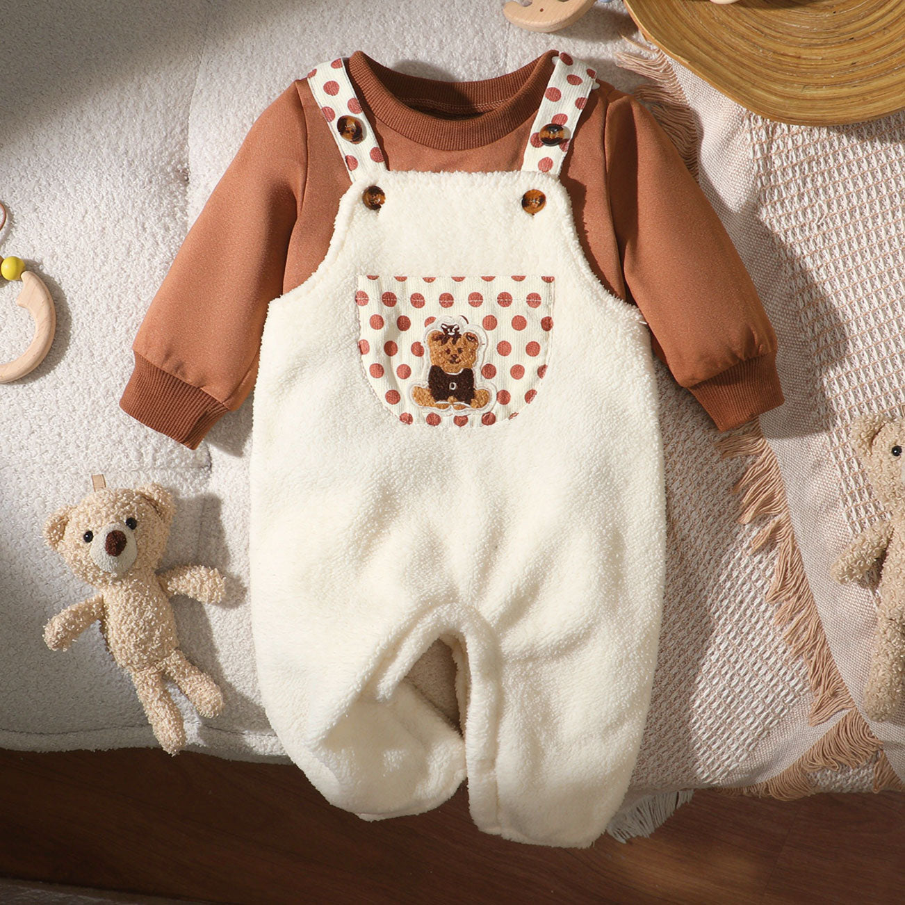 2PCS Adorable Bear Print Long Sleeve Fuzzy Baby Overalls Set