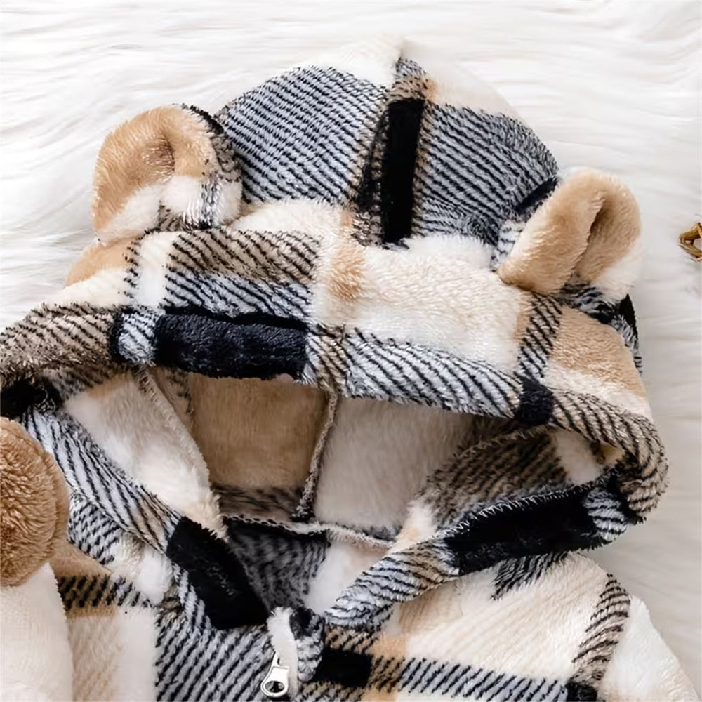 Cute 3D Ear Plaid Printed Long Sleeve Hooded Baby Jumpsuit