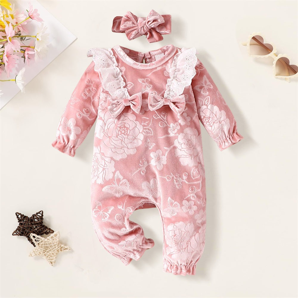 2PCS Floral Jacquard Long Sleeve Baby Jumpsuit